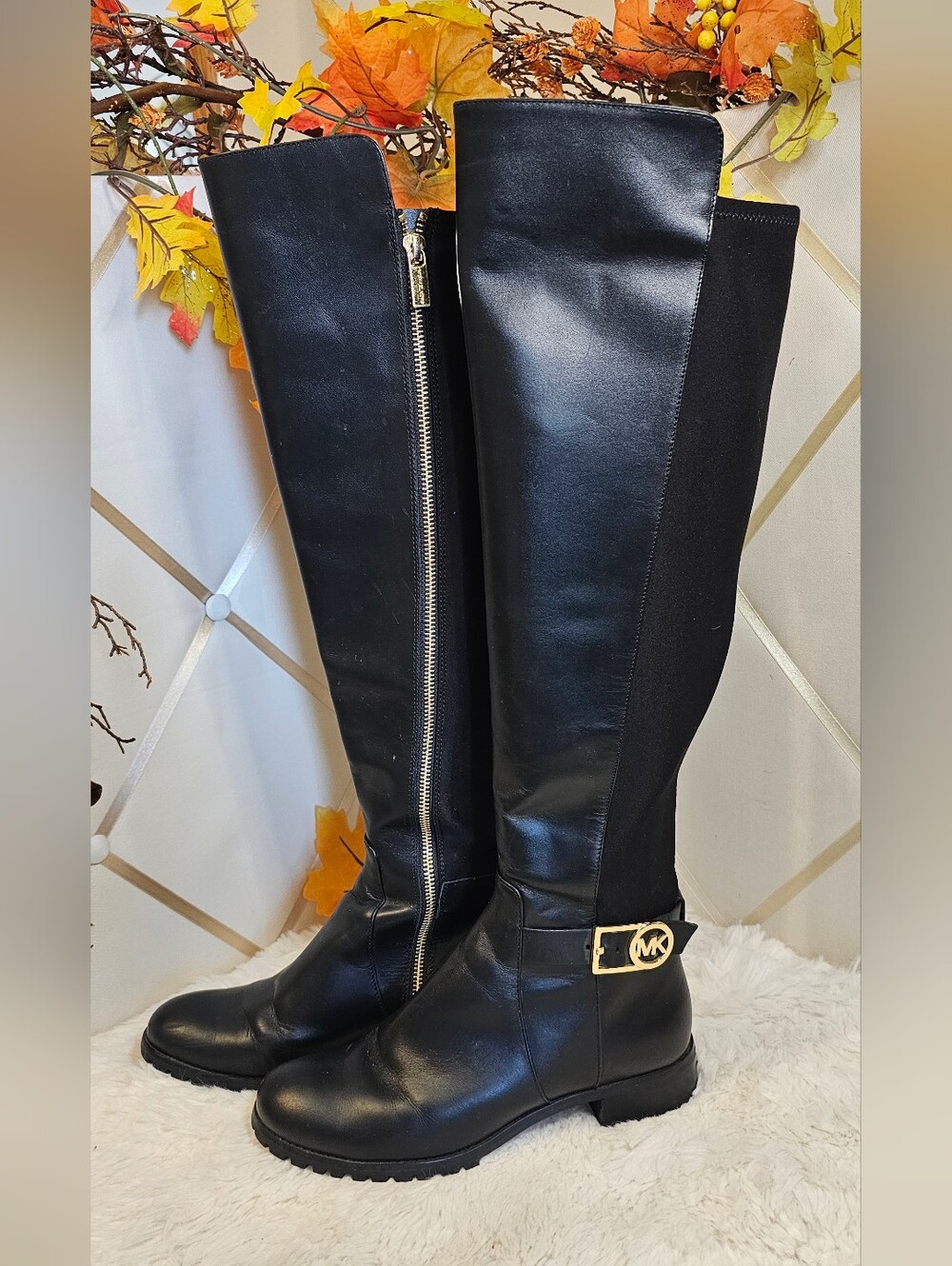 Michael Kors Black Leather Over-the-Knee Boots with Gold MK Hardware